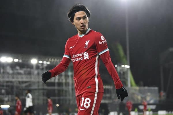 LONDON, ENGLAND - Sunday, December 13, 2020: Liverpool's substitute Takumi Minamino during the FA Premier League match between Fulham FC and Liverpool FC at Craven Cottage. (Pic by David Rawcliffe/Propaganda)