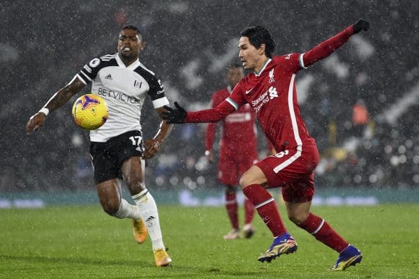 LONDON, ENGLAND - Sunday, December 13, 2020: Liverpool's substitute Takumi Minamino during the FA Premier League match between Fulham FC and Liverpool FC at Craven Cottage. (Pic by David Rawcliffe/Propaganda)