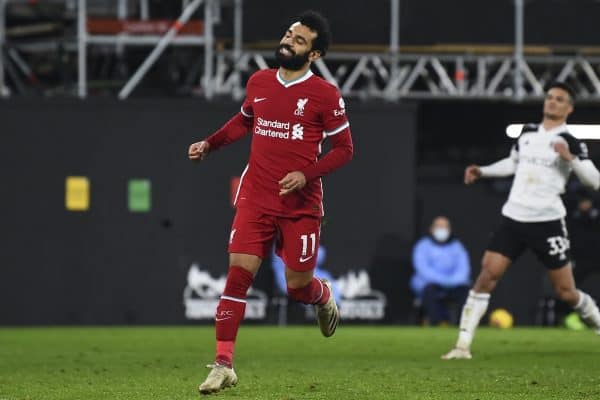 LONDON, ENGLAND - Sunday, December 13, 2020: Liverpool's Mohamed Salah celebrates after the first equalising goal from a penalty kick during the FA Premier League match between Fulham FC and Liverpool FC at Craven Cottage. (Pic by David Rawcliffe/Propaganda)