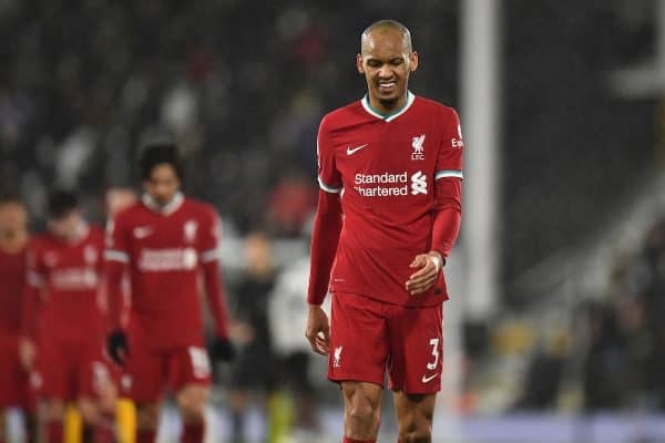 LONDON, ENGLAND - Sunday, December 13, 2020: Liverpool's Fabio Henrique Tavares 'Fabinho' looks dejected after the FA Premier League match between Fulham FC and Liverpool FC at Craven Cottage. The game ended in a 1-1 draw. (Pic by David Rawcliffe/Propaganda)