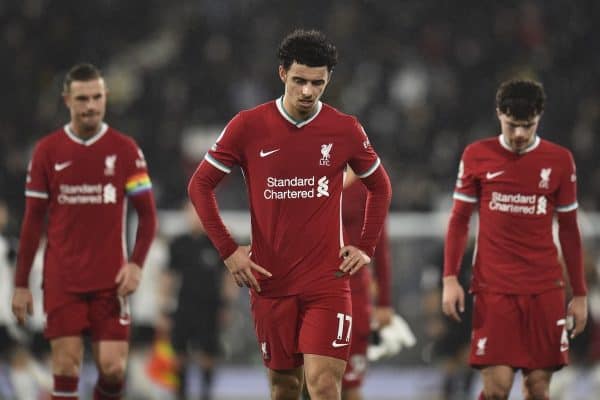 LONDON, ENGLAND - Sunday, December 13, 2020: Liverpool's Curtis Jones looks dejected after the FA Premier League match between Fulham FC and Liverpool FC at Craven Cottage. The game ended in a 1-1 draw. (Pic by David Rawcliffe/Propaganda)