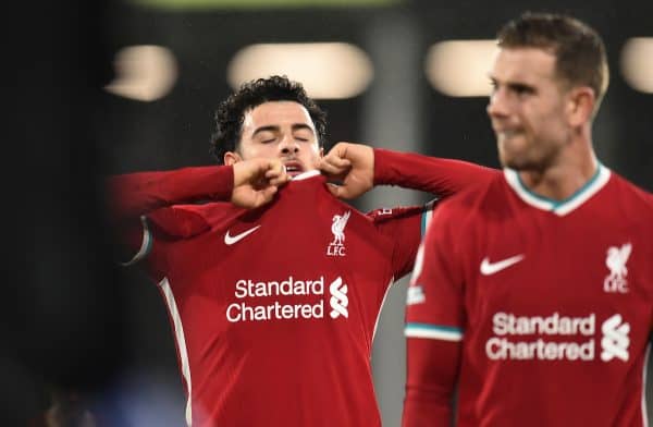 LONDON, ENGLAND - Sunday, December 13, 2020: Liverpool's Curtis Jones looks dejected after the FA Premier League match between Fulham FC and Liverpool FC at Craven Cottage. The game ended in a 1-1 draw. (Pic by David Rawcliffe/Propaganda)