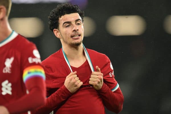 LONDON, ENGLAND - Sunday, December 13, 2020: Liverpool's Curtis Jones looks dejected after the FA Premier League match between Fulham FC and Liverpool FC at Craven Cottage. The game ended in a 1-1 draw. (Pic by David Rawcliffe/Propaganda)