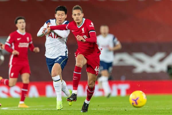 LIVERPOOL, ENGLAND - Wednesday, December 16, 2020: Liverpool's Rhys Williams (R) holds off Tottenham Hotspur's Son Heung-min during the FA Premier League match between Liverpool FC and Tottenham Hotspur FC at Anfield. (Pic by David Rawcliffe/Propaganda)