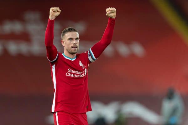 LIVERPOOL, ENGLAND - Wednesday, December 16, 2020: Liverpool's captain Jordan Henderson celebrates at the final whistle during the FA Premier League match between Liverpool FC and Tottenham Hotspur FC at Anfield. Liverpool won 2-1. (Pic by David Rawcliffe/Propaganda)