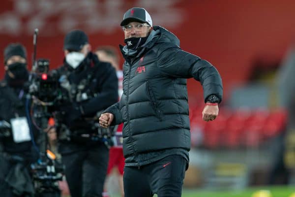 LIVERPOOL, ENGLAND - Wednesday, December 16, 2020: Liverpool's manager Jürgen Klopp celebrates at the final whistle during the FA Premier League match between Liverpool FC and Tottenham Hotspur FC at Anfield. Liverpool won 2-1. (Pic by David Rawcliffe/Propaganda)