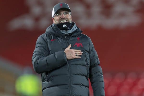 LIVERPOOL, ENGLAND - Wednesday, December 16, 2020: Liverpool's manager Jürgen Klopp celebrates at the final whistle during the FA Premier League match between Liverpool FC and Tottenham Hotspur FC at Anfield. Liverpool won 2-1. (Pic by David Rawcliffe/Propaganda)