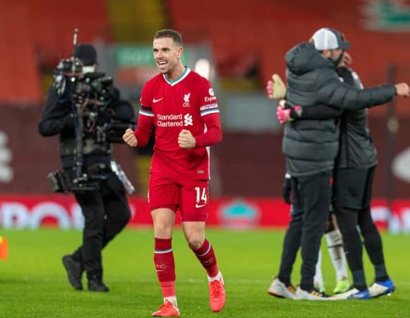 LIVERPOOL, ENGLAND - Wednesday, December 16, 2020: Liverpool's captain Jordan Henderson celebrates at the final whistle during the FA Premier League match between Liverpool FC and Tottenham Hotspur FC at Anfield. Liverpool won 2-1. (Pic by David Rawcliffe/Propaganda)