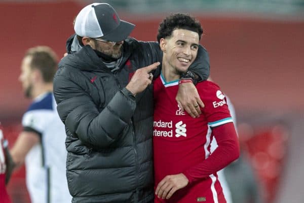 LIVERPOOL, ENGLAND - Wednesday, December 16, 2020: Liverpool's manager Jürgen Klopp (L) celebrates with Curtis Jones at the final whistle during the FA Premier League match between Liverpool FC and Tottenham Hotspur FC at Anfield. Liverpool won 2-1. (Pic by David Rawcliffe/Propaganda)