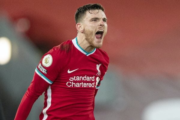 LIVERPOOL, ENGLAND - Wednesday, December 16, 2020: Liverpool's Andy Robertson celebrates at the final whistle during the FA Premier League match between Liverpool FC and Tottenham Hotspur FC at Anfield. Liverpool won 2-1. (Pic by David Rawcliffe/Propaganda)