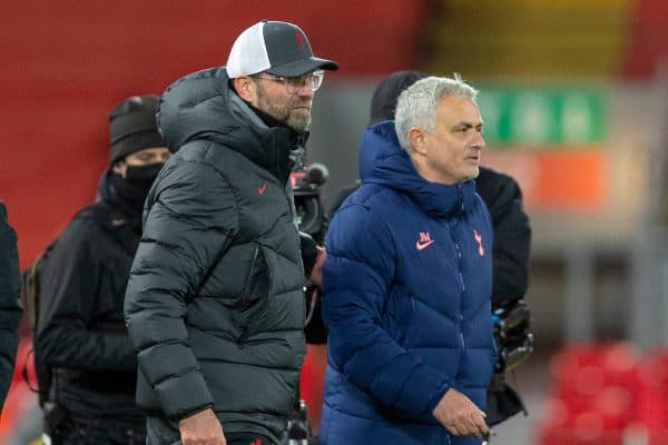 LIVERPOOL, ENGLAND - Wednesday, December 16, 2020: Liverpool's manager Jürgen Klopp (L) and Tottenham Hotspur's manager José Mourinho at the final whistle during the FA Premier League match between Liverpool FC and Tottenham Hotspur FC at Anfield. Liverpool won 2-1. (Pic by David Rawcliffe/Propaganda)