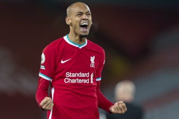 LIVERPOOL, ENGLAND - Wednesday, December 16, 2020: Liverpool's Fabio Henrique Tavares 'Fabinho' celebrates at the final whistle during the FA Premier League match between Liverpool FC and Tottenham Hotspur FC at Anfield. Liverpool won 2-1. (Pic by David Rawcliffe/Propaganda)