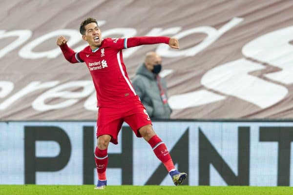 LIVERPOOL, ENGLAND - Wednesday, December 16, 2020: Liverpool's match-winning goal-scorer Roberto Firmino celebrates after scoring the second goal during the FA Premier League match between Liverpool FC and Tottenham Hotspur FC at Anfield. Liverpool won 2-1. (Pic by David Rawcliffe/Propaganda)