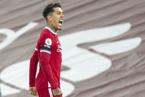 LIVERPOOL, ENGLAND - Wednesday, December 16, 2020: Liverpool's match-winning goal-scorer Roberto Firmino celebrates after scoring the second goal during the FA Premier League match between Liverpool FC and Tottenham Hotspur FC at Anfield. Liverpool won 2-1. (Pic by David Rawcliffe/Propaganda)