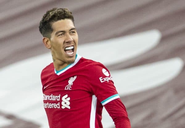 LIVERPOOL, ENGLAND - Wednesday, December 16, 2020: Liverpool's match-winning goal-scorer Roberto Firmino celebrates after scoring the second goal during the FA Premier League match between Liverpool FC and Tottenham Hotspur FC at Anfield. Liverpool won 2-1. (Pic by David Rawcliffe/Propaganda)