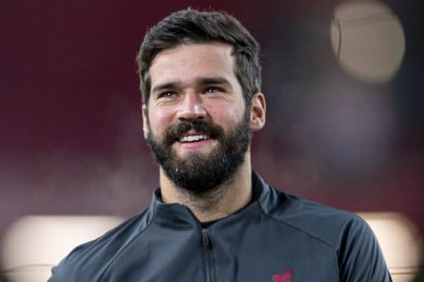 LIVERPOOL, ENGLAND - Wednesday, December 16, 2020: Liverpool's goalkeeper Alisson Becker during the pre-match warm-up before the FA Premier League match between Liverpool FC and Tottenham Hotspur FC at Anfield. (Pic by David Rawcliffe/Propaganda)