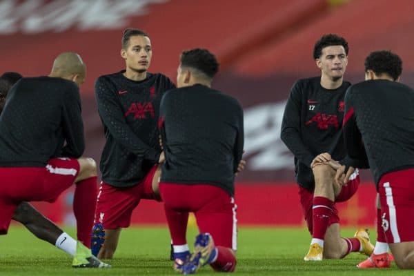 LIVERPOOL, ENGLAND - Wednesday, December 16, 2020: Liverpool's Rhys Williams (L) and Curtis Jones (R) during the pre-match warm-up before the FA Premier League match between Liverpool FC and Tottenham Hotspur FC at Anfield. (Pic by David Rawcliffe/Propaganda)