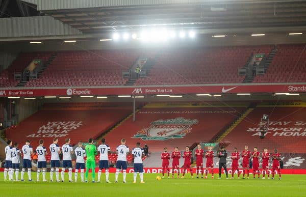 LIVERPOOL, ENGLAND - Wednesday, December 16, 2020: Liverpool and Tottenham Hotspur players pay tribute to former Liverpool manager Gérard Houllier who passed away earlier in the week, before the FA Premier League match between Liverpool FC and Tottenham Hotspur FC at Anfield. (Pic by David Rawcliffe/Propaganda)