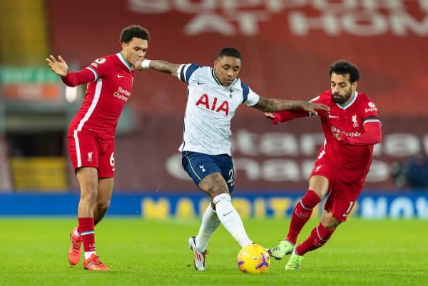 LIVERPOOL, ENGLAND - Wednesday, December 16, 2020: Tottenham Hotspur's Steven Bergwijn (C) is challenged by Liverpool's Trent Alexander-Arnold (L) and Mohamed Salah (R) during the FA Premier League match between Liverpool FC and Tottenham Hotspur FC at Anfield. (Pic by David Rawcliffe/Propaganda)