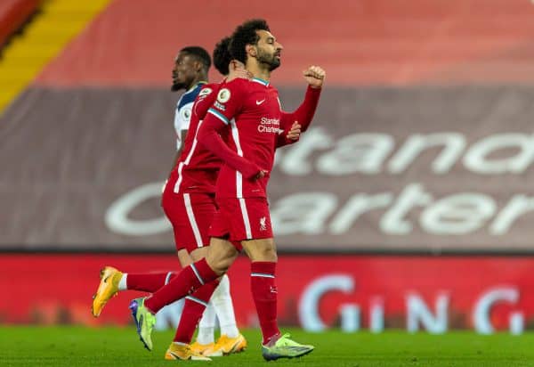 LIVERPOOL, ENGLAND - Wednesday, December 16, 2020: Liverpool's Mohamed Salah (L) celebrates after scoring the first goal with team-mate Curtis Jones during the FA Premier League match between Liverpool FC and Tottenham Hotspur FC at Anfield. (Pic by David Rawcliffe/Propaganda)