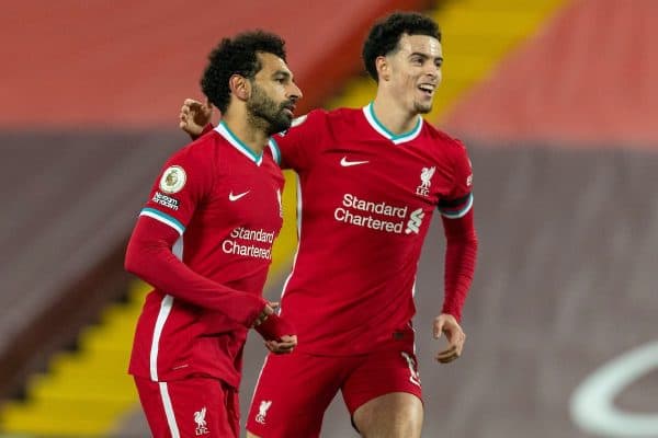 LIVERPOOL, ENGLAND - Wednesday, December 16, 2020: Liverpool's Mohamed Salah (L) celebrates after scoring the first goal with team-mate Curtis Jones during the FA Premier League match between Liverpool FC and Tottenham Hotspur FC at Anfield. (Pic by David Rawcliffe/Propaganda)