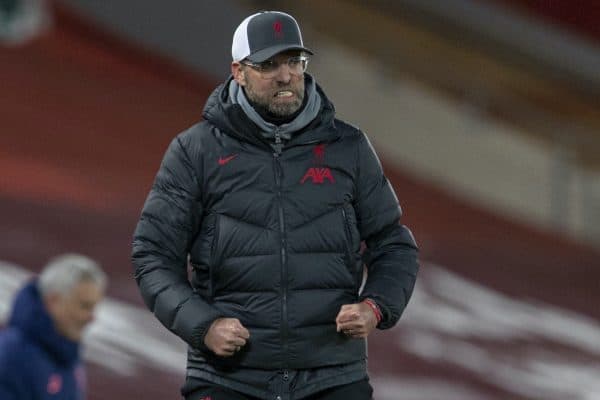 LIVERPOOL, ENGLAND - Wednesday, December 16, 2020: Liverpool's manager Jürgen Klopp celebrates after the first goal during the FA Premier League match between Liverpool FC and Tottenham Hotspur FC at Anfield. (Pic by David Rawcliffe/Propaganda)