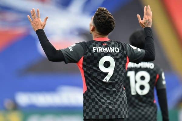 LONDON, ENGLAND - Saturday, December 19, 2020: Liverpool's Roberto Firmino celebrates after scoring the fifth goal during the FA Premier League match between Crystal Palace FC and Liverpool FC at Selhurst Park. (Pic by David Rawcliffe/Propaganda)