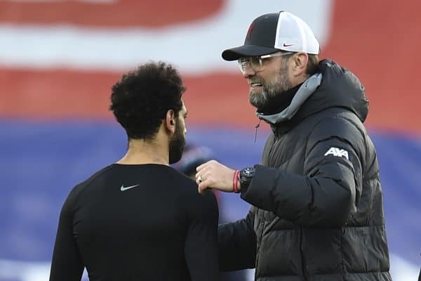 LONDON, ENGLAND - Saturday, December 19, 2020: Liverpool's manager Jürgen Klopp and Mohamed Salah after the FA Premier League match between Crystal Palace FC and Liverpool FC at Selhurst Park. (Pic by David Rawcliffe/Propaganda)