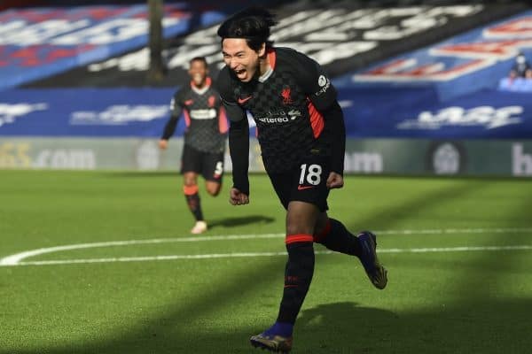 LONDON, ENGLAND - Saturday, December 19, 2020: Liverpool's Takumi Minamino celebrates after scoring the first goal during the FA Premier League match between Crystal Palace FC and Liverpool FC at Selhurst Park. (Pic by David Rawcliffe/Propaganda)