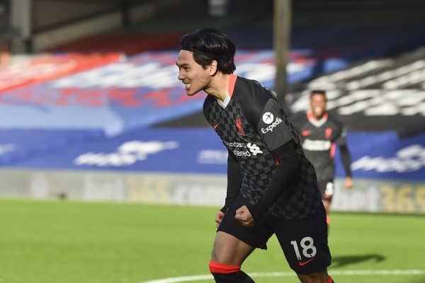 LONDON, ENGLAND - Saturday, December 19, 2020: Liverpool's Takumi Minamino celebrates after scoring the first goal during the FA Premier League match between Crystal Palace FC and Liverpool FC at Selhurst Park. (Pic by David Rawcliffe/Propaganda)