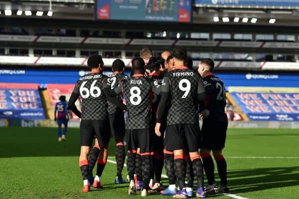 LONDON, ENGLAND - Saturday, December 19, 2020: Liverpool's Takumi Minamino celebrates with team-mates after scoring the first goal during the FA Premier League match between Crystal Palace FC and Liverpool FC at Selhurst Park. (Pic by David Rawcliffe/Propaganda)