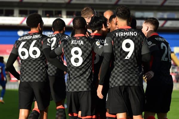 LONDON, ENGLAND - Saturday, December 19, 2020: Liverpool's Takumi Minamino celebrates with team-mates after scoring the first goal during the FA Premier League match between Crystal Palace FC and Liverpool FC at Selhurst Park. (Pic by David Rawcliffe/Propaganda)