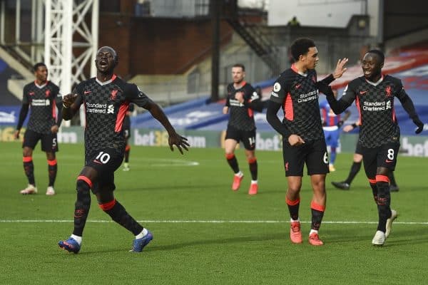 LONDON, ENGLAND - Saturday, December 19, 2020: Liverpool's Sadio Mané celebrates after scoring the second goal during the FA Premier League match between Crystal Palace FC and Liverpool FC at Selhurst Park. (Pic by David Rawcliffe/Propaganda)