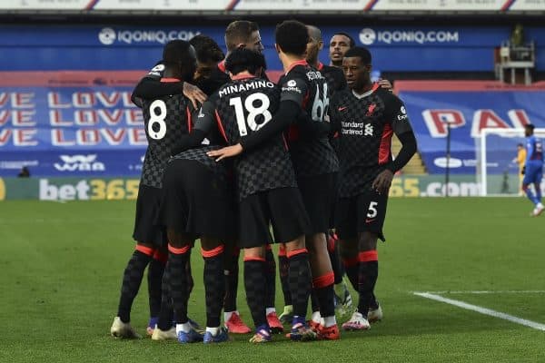 LONDON, ENGLAND - Saturday, December 19, 2020: Liverpool's Sadio Mané (hidden) celebrates with team-mates after scoring the second goal during the FA Premier League match between Crystal Palace FC and Liverpool FC at Selhurst Park. (Pic by David Rawcliffe/Propaganda)