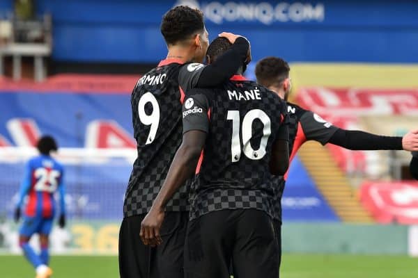 LONDON, ENGLAND - Saturday, December 19, 2020: Liverpool's Sadio Mané (R) celebrates with team-mate Roberto Firmino after scoring the second goal during the FA Premier League match between Crystal Palace FC and Liverpool FC at Selhurst Park. (Pic by David Rawcliffe/Propaganda)