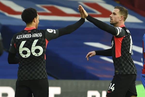 LONDON, ENGLAND - Saturday, December 19, 2020: Liverpool's captain Jordan Henderson (R) celebrates with team-mate Trent Alexander-Arnold after scoring the fourth goal during the FA Premier League match between Crystal Palace FC and Liverpool FC at Selhurst Park. (Pic by David Rawcliffe/Propaganda)