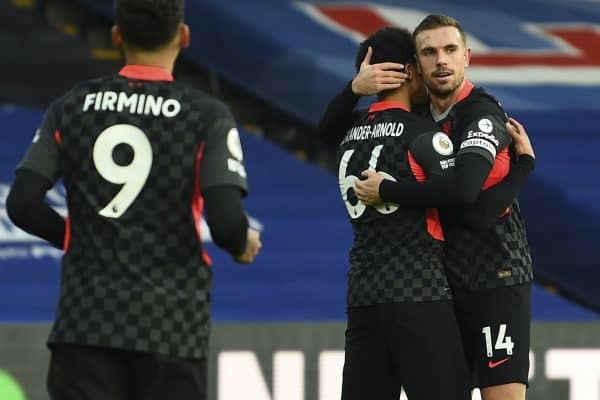 LONDON, ENGLAND - Saturday, December 19, 2020: Liverpool's captain Jordan Henderson (R) celebrates with team-mate Trent Alexander-Arnold after scoring the fourth goal during the FA Premier League match between Crystal Palace FC and Liverpool FC at Selhurst Park. (Pic by David Rawcliffe/Propaganda)