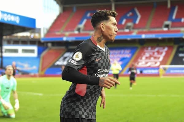 LONDON, ENGLAND - Saturday, December 19, 2020: Liverpool's Roberto Firmino celebrates after scoring the fifth goal during the FA Premier League match between Crystal Palace FC and Liverpool FC at Selhurst Park. (Pic by David Rawcliffe/Propaganda)