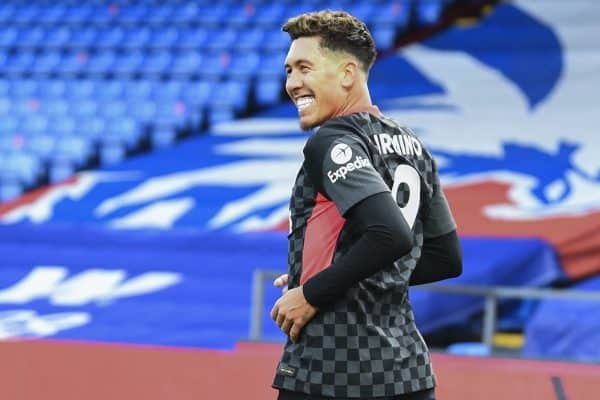 LONDON, ENGLAND - Saturday, December 19, 2020: Liverpool's Roberto Firmino celebrates after scoring the fifth goal during the FA Premier League match between Crystal Palace FC and Liverpool FC at Selhurst Park. (Pic by David Rawcliffe/Propaganda)