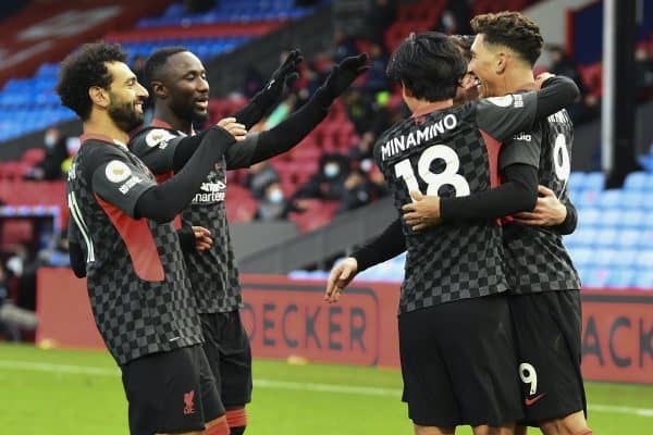 LONDON, ENGLAND - Saturday, December 19, 2020: Liverpool's Roberto Firmino celebrates with team-mates after scoring the fifth goal during the FA Premier League match between Crystal Palace FC and Liverpool FC at Selhurst Park. (Pic by David Rawcliffe/Propaganda)