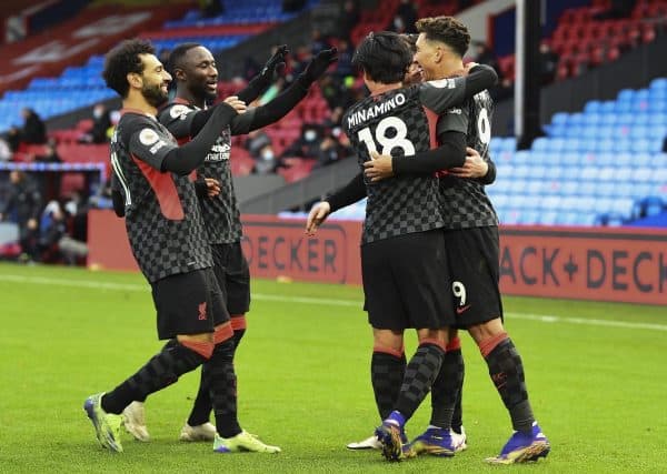 LONDON, ENGLAND - Saturday, December 19, 2020: Liverpool's Roberto Firmino celebrates with team-mates after scoring the fifth goal during the FA Premier League match between Crystal Palace FC and Liverpool FC at Selhurst Park. (Pic by David Rawcliffe/Propaganda)