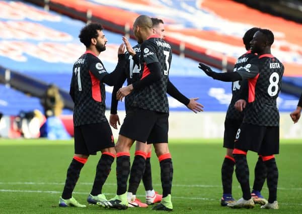 LONDON, ENGLAND - Saturday, December 19, 2020: Liverpool's Mohamed Salah celebrates after scoring the seventh goal during the FA Premier League match between Crystal Palace FC and Liverpool FC at Selhurst Park. (Pic by David Rawcliffe/Propaganda)