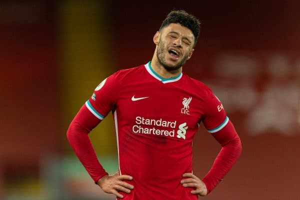 LIVERPOOL, ENGLAND - Sunday, December 27, 2020: Liverpool's Alex Oxlade-Chamberlain looks dejected after the FA Premier League match between Liverpool FC and West Bromwich Albion FC at Anfield. (Pic by David Rawcliffe/Propaganda)