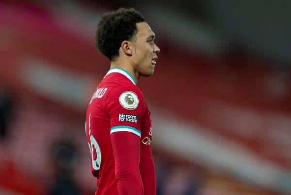 LIVERPOOL, ENGLAND - Sunday, December 27, 2020: Liverpool's Trent Alexander-Arnold looks dejected after the FA Premier League match between Liverpool FC and West Bromwich Albion FC at Anfield. (Pic by David Rawcliffe/Propaganda)