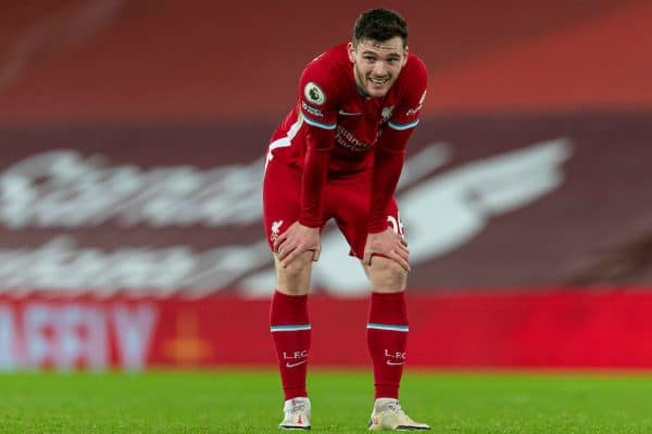 LIVERPOOL, ENGLAND - Sunday, December 27, 2020: Liverpool's Andy Robertson looks dejected after the FA Premier League match between Liverpool FC and West Bromwich Albion FC at Anfield. (Pic by David Rawcliffe/Propaganda)