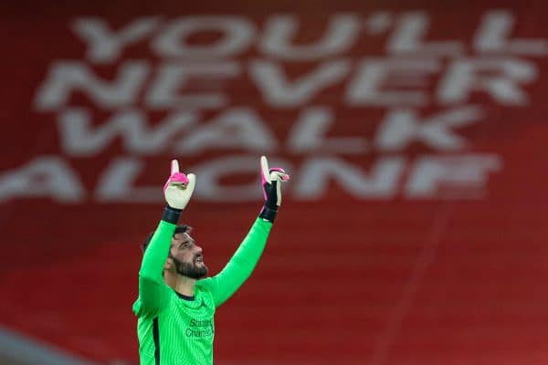 LIVERPOOL, ENGLAND - Sunday, December 27, 2020: Liverpool's goalkeeper Alisson Becker before the FA Premier League match between Liverpool FC and West Bromwich Albion FC at Anfield. (Pic by David Rawcliffe/Propaganda)