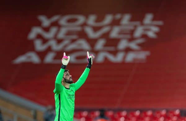 LIVERPOOL, ENGLAND - Sunday, December 27, 2020: Liverpool's goalkeeper Alisson Becker before the FA Premier League match between Liverpool FC and West Bromwich Albion FC at Anfield. (Pic by David Rawcliffe/Propaganda)