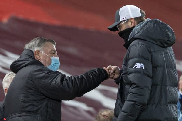 LIVERPOOL, ENGLAND - Sunday, December 27, 2020: Liverpool's manager Jürgen Klopp (R) and West Bromwich Albion's manager Sam Allardyce before the FA Premier League match between Liverpool FC and West Bromwich Albion FC at Anfield. (Pic by David Rawcliffe/Propaganda)