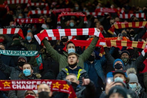 LIVERPOOL, ENGLAND - Sunday, December 27, 2020: Liverpool supporters on the Spion Kop sing "You'll Never Walk Alone" before the FA Premier League match between Liverpool FC and West Bromwich Albion FC at Anfield. (Pic by David Rawcliffe/Propaganda)