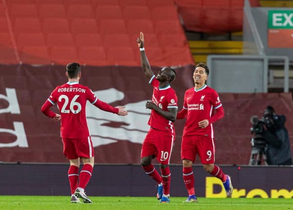 LIVERPOOL, ENGLAND - Sunday, December 27, 2020: Liverpool's Sadio Mané celebrates after scoring the first goal during the FA Premier League match between Liverpool FC and West Bromwich Albion FC at Anfield. (Pic by David Rawcliffe/Propaganda)